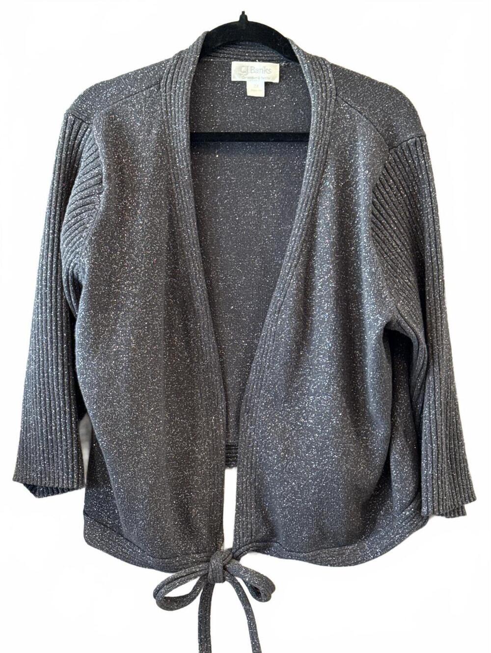 CJ Banks Women's 2X Charcoal Open Front Cardigan Sweater with Tie